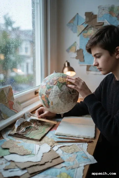 Closer three-quarter view of a student rotating a handmade geography globe among layered paper maps, notebooks, and terrain models beside a rainy window in a detailed Collage / Mixed Media scene.