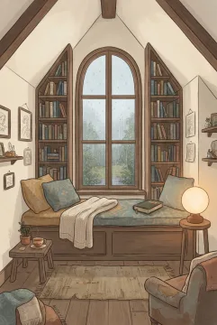Storybook illustration of a cozy reading nook interior with an arched rainy window, built-in window seat, bookshelves, cushions, floor lamp, and woven rug.