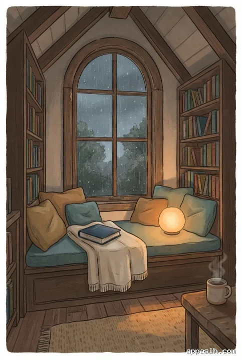 Detailed storybook illustration of the same cozy attic reading nook viewed closer, with an arched rain-speckled window, cushioned window seat, bookshelves, warm floor lamp, rug, and side table.