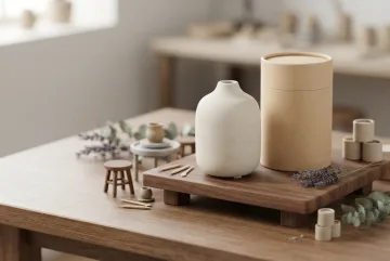 3D tilt-shift miniature mockup of an off-white ceramic aroma diffuser and blank cylindrical package on a tiny walnut workshop platform.