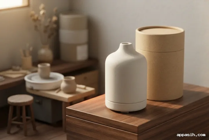 Closer 3D tilt-shift miniature view of an off-white ceramic aroma diffuser and blank kraft cylindrical package in a tiny artisan workshop.