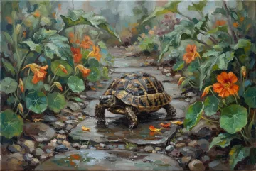 Acrylic painting of a small tortoise walking along a wet garden path among orange nasturtiums and broad green leaves after rain.