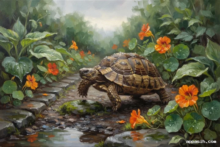 Detailed acrylic painting of the same small tortoise stepping over a wet garden stone among orange nasturtiums, glossy green leaves, and rain reflections.