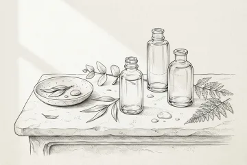 Ink drawing of three botanical cosmetic serum bottles with leaves and a ceramic dish arranged on a carved stone vanity.