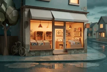 Layered paper cut retro record shop glowing warmly beside a rain-slick street with vinyl displays, listening booths, bicycle, and handcrafted papercraft textures.