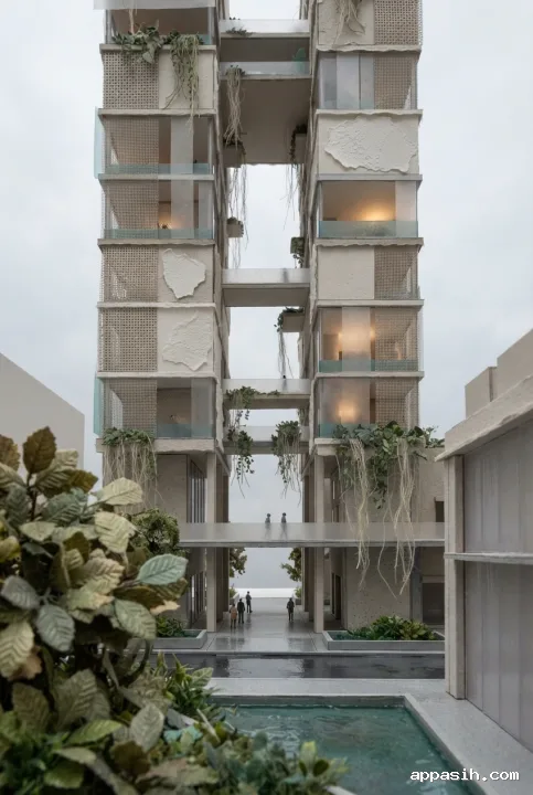Closer portrait mixed media collage of the rain garden atrium tower with layered vellum glazing, cascading plants, elevated walkways, wet plaza surfaces, and tactile handmade architectural textures.