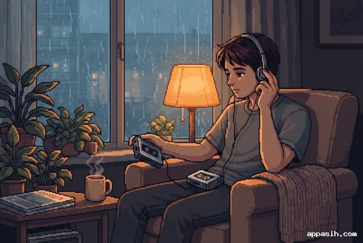 Detailed retro pixel art view of a young adult handling a portable cassette player beside a rainy apartment window, warm lamp, steaming mug, houseplants, and folded blanket.