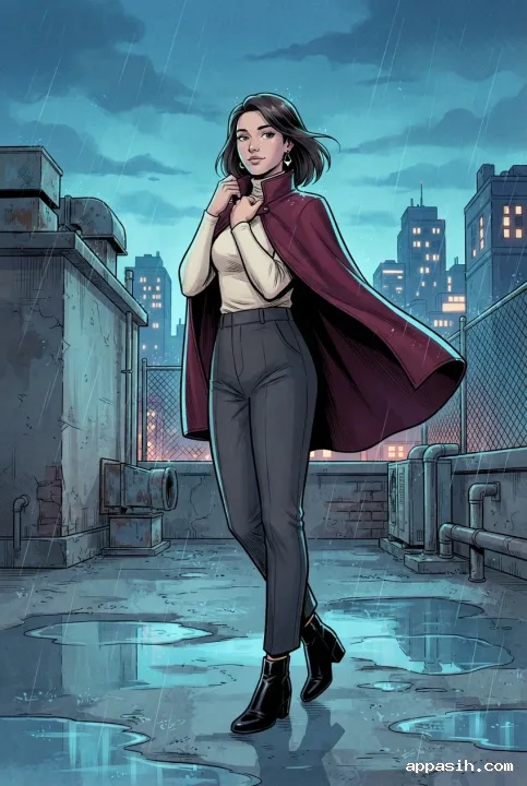 Three-quarter view of a young woman securing her burgundy tailored cape on a rainy rooftop, rendered with bold Comic Book inks, halftone shadows, and cel shading.