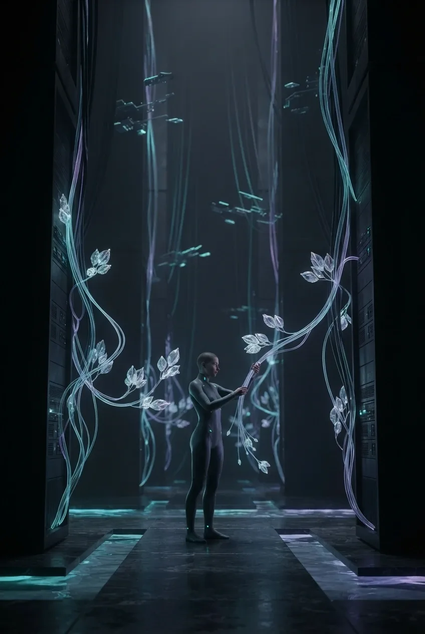 Surreal data gardener tending glowing fiber-optic vines among towering server columns in a bioluminescent computing atrium.