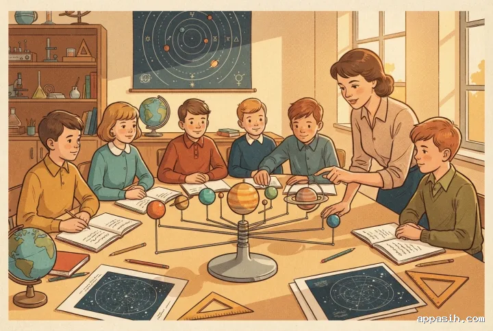 Retro illustration of students and a teacher examining a tabletop solar system model during an astronomy lesson in a warmly lit vintage classroom.