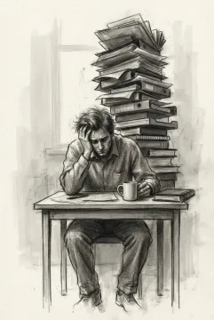 Charcoal drawing of an exhausted office worker sitting at a desk beneath a tall leaning stack of folders and papers symbolizing burnout and workload pressure.