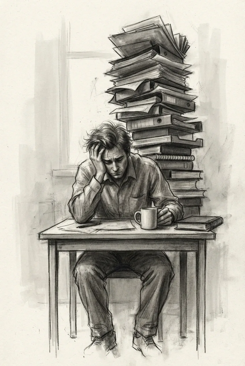Charcoal drawing of an exhausted office worker sitting at a desk beneath a tall leaning stack of folders and papers symbolizing burnout and workload pressure.