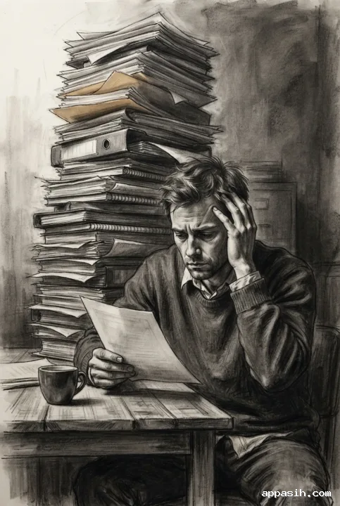 Detailed charcoal drawing of an exhausted office worker holding a sheet of paper at a desk beneath an enormous leaning tower of unfinished paperwork.