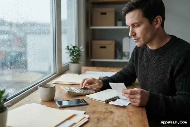 Small business owner using a calculator while comparing receipts and reviewing cash flow at the same rainy-window office desk.