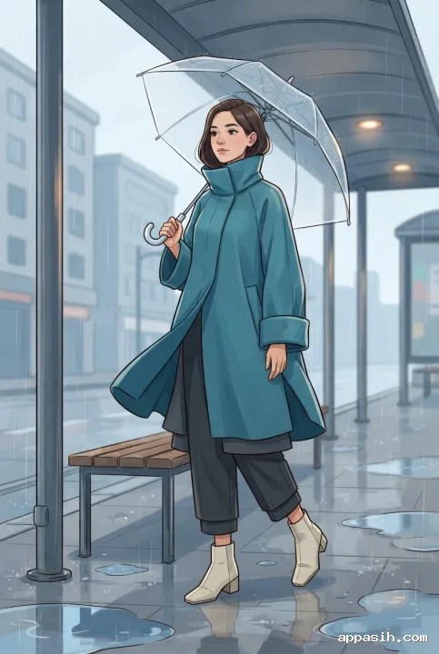 Cartoon young adult model in the same sculptural teal raincoat and geometric boots taking a small step beneath a rainy covered tram stop with a transparent umbrella.