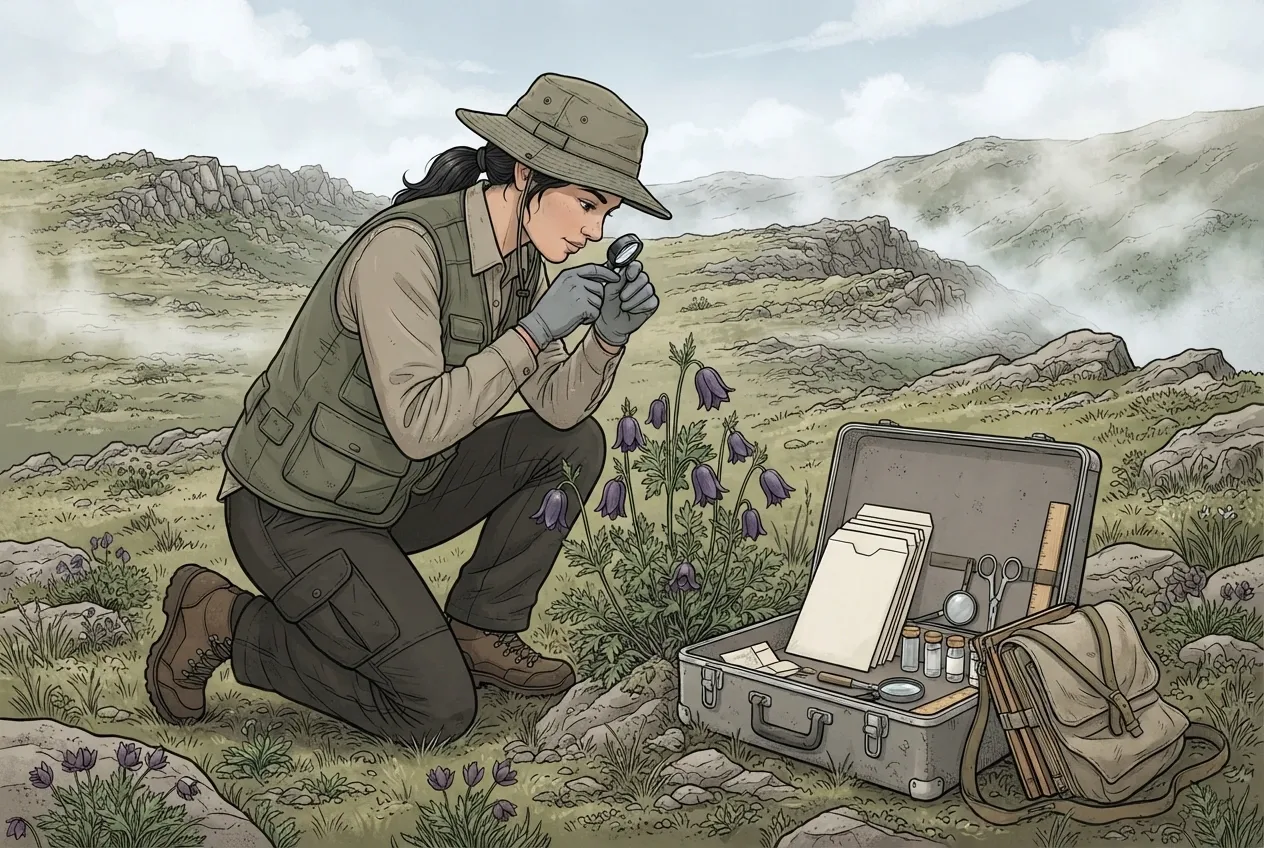 Botanical field researcher character examining alpine plants beside an open specimen case in a graphic scientific illustration.