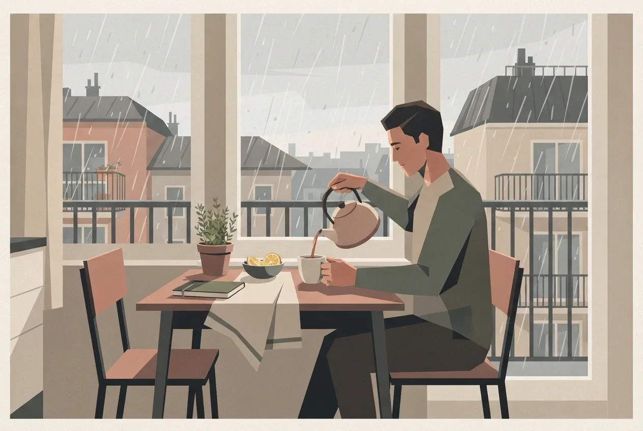 Person preparing morning tea beside a rainy apartment window in a graphic geometric lifestyle illustration.