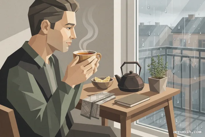 Closer geometric lifestyle scene of the same person lifting a tea cup beside a rainy apartment window with kettle, citrus bowl, notebook, and herb plant.