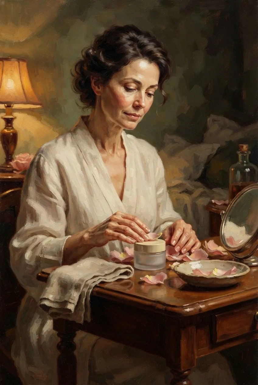 Oil painting of a woman arranging pink rose petals beside an unbranded cosmetic jar on a warm vintage vanity.