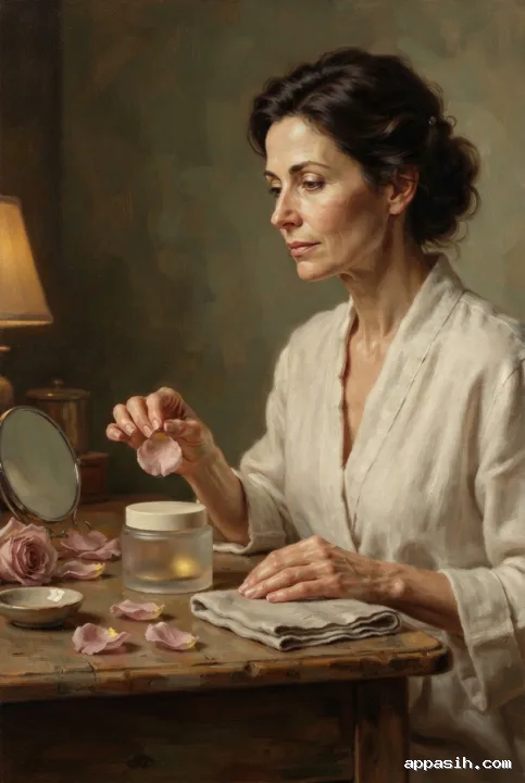 Detailed oil painting of a woman holding a rose petal above an unbranded cosmetic jar at a warmly lit vintage vanity.