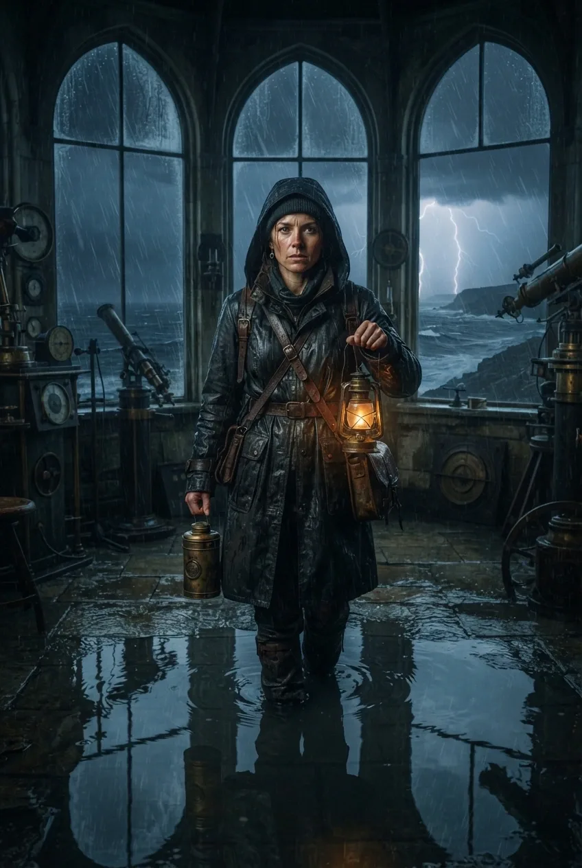 Storm lantern courier carrying a brass capsule through a flooded coastal observatory on a rainy cinematic night.