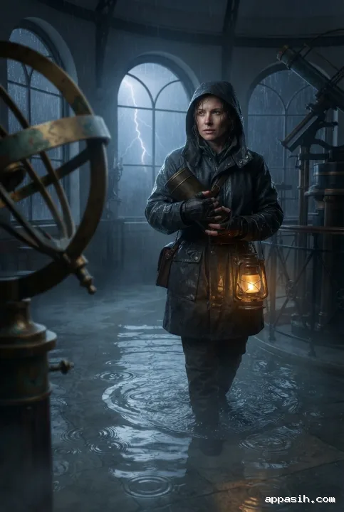 Closer cinematic view of a storm lantern courier stepping through a flooded observatory with a sealed brass capsule during a coastal storm.