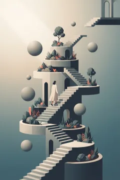 A solitary dreamer walking through a surreal geometric floating stairway garden with suspended spheres, angular trees, and impossible terraces.