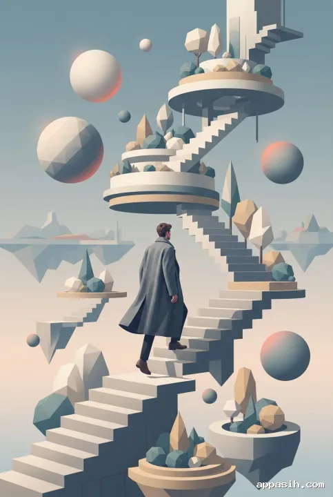 A closer low-angle view of the same solitary dreamer ascending a surreal geometric floating stairway garden with hovering spheres and impossible terraces.