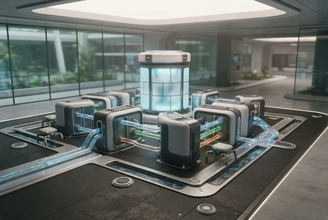 3D Render of an autonomous data garden control hub with modular computing towers, robotic maintenance units, illuminated data conduits, and a central processing core.