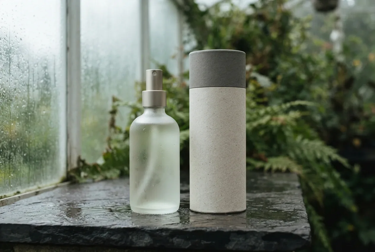 Frosted glass room spray bottle and cylindrical paper canister on a rain-darkened stone shelf in a misty conservatory.