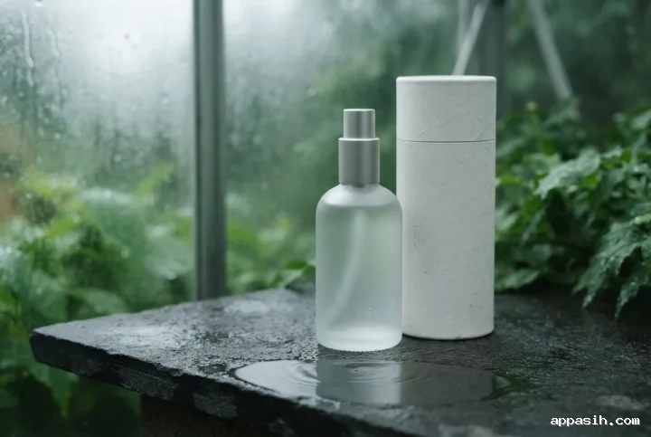 Closer editorial view of a frosted glass room spray bottle and cylindrical paper canister on wet charcoal stone inside a rainy conservatory.