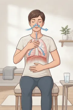 Graphic scientific illustration of a seated person practicing diaphragmatic breathing with translucent lungs, visible diaphragm movement, and airflow pathways.