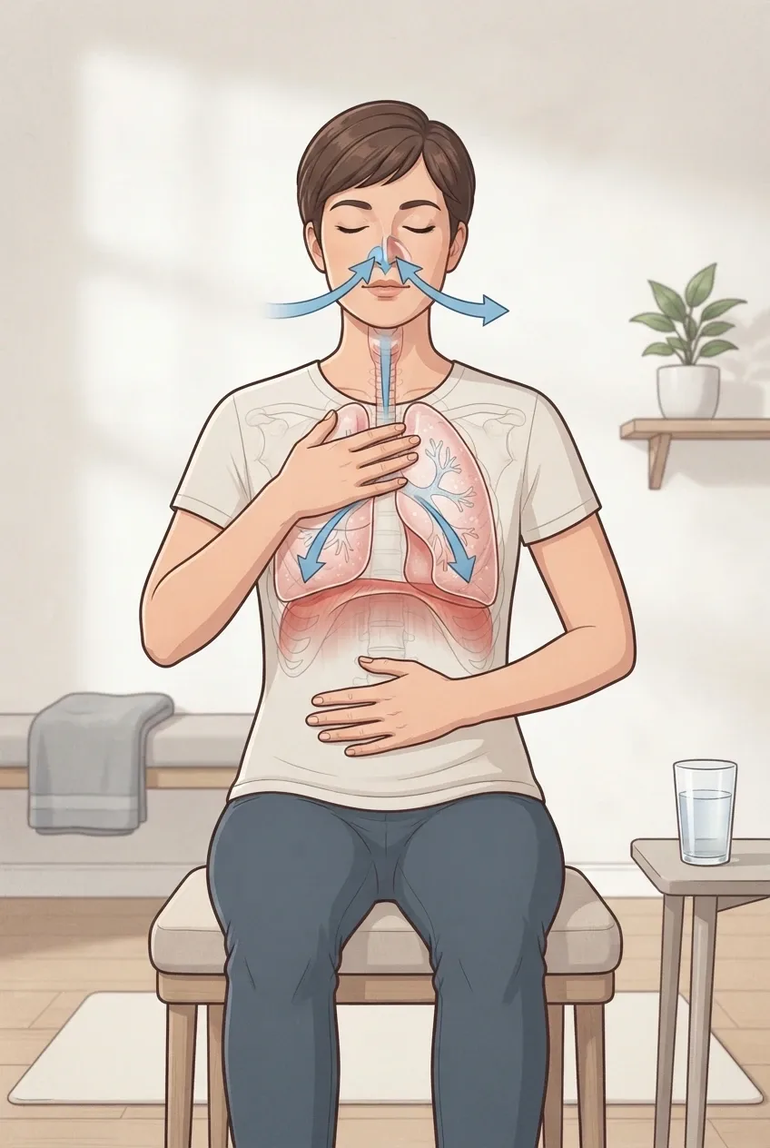 Graphic scientific illustration of a seated person practicing diaphragmatic breathing with translucent lungs, visible diaphragm movement, and airflow pathways.