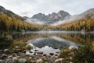 Misty alpine lake reflecting golden larch forest and rugged mountain peaks during a calm autumn morning.