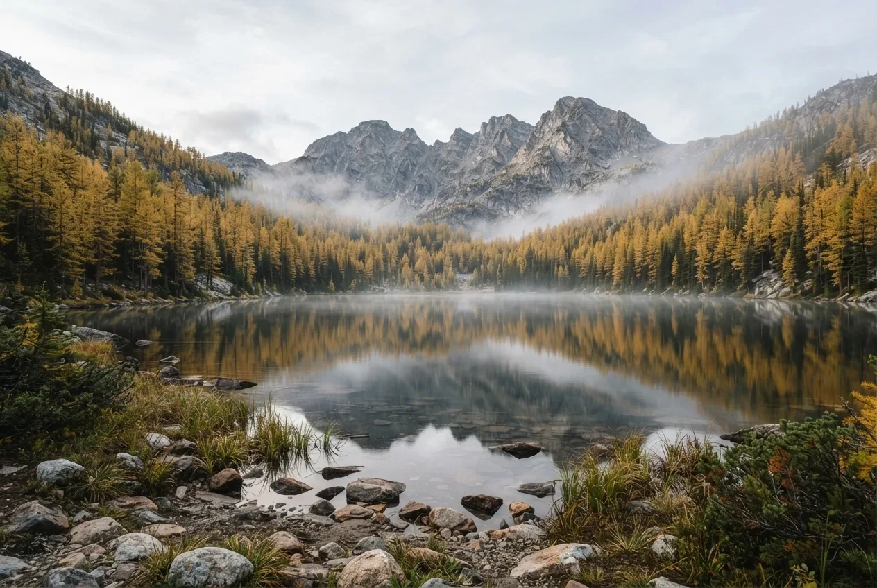 Misty alpine lake reflecting golden larch forest and rugged mountain peaks during a calm autumn morning.