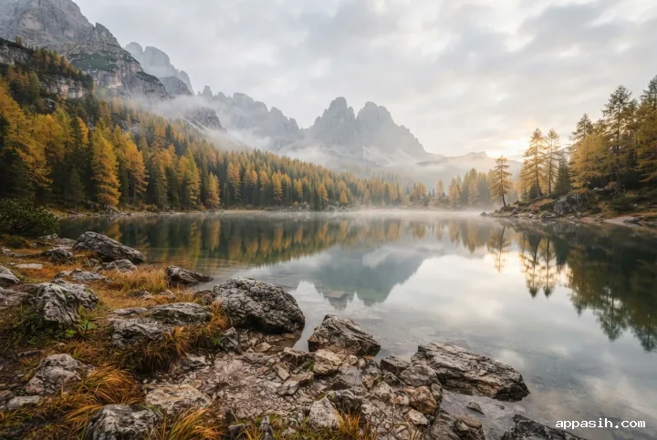 Photorealistic alpine lake seen from a rocky shoreline with golden larch forest, drifting morning mist, and rugged autumn mountain peaks.