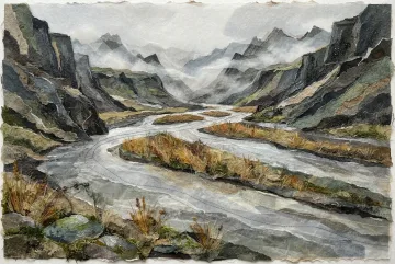 Braided river flowing between amber reed islands and dark basalt cliffs in a misty valley, created with layered torn paper, vellum, charcoal, and mineral pigment collage textures.