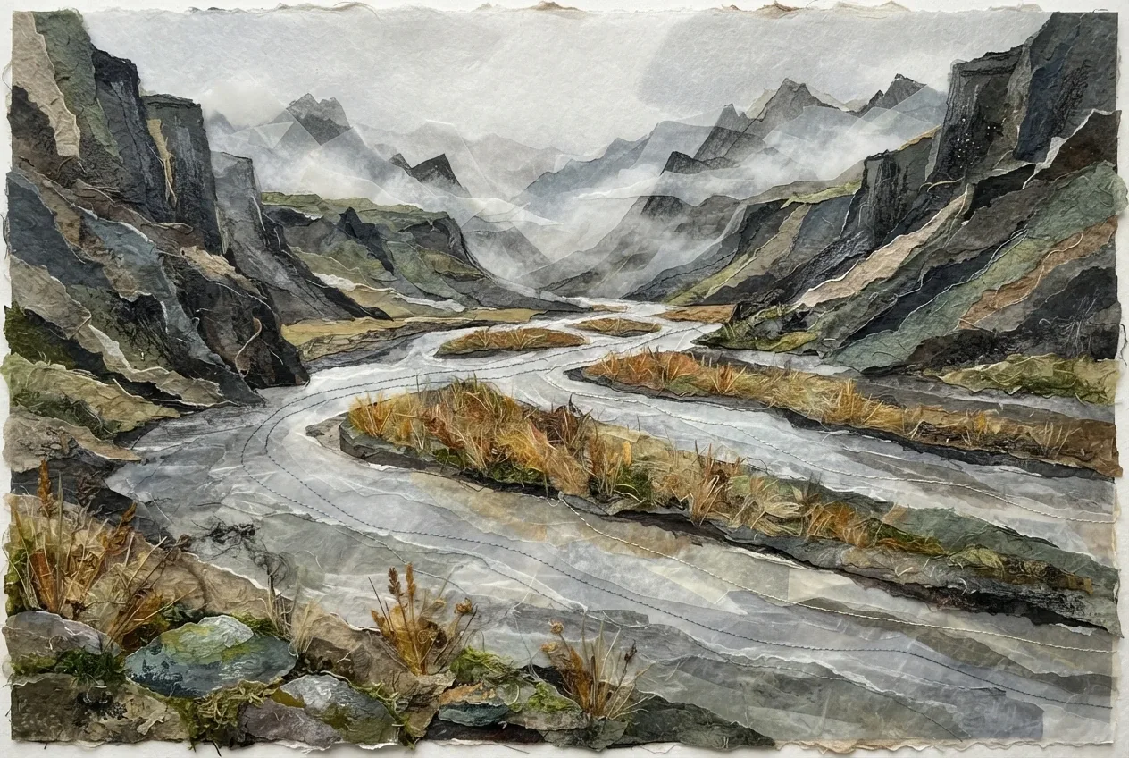 Braided river flowing between amber reed islands and dark basalt cliffs in a misty valley, created with layered torn paper, vellum, charcoal, and mineral pigment collage textures.