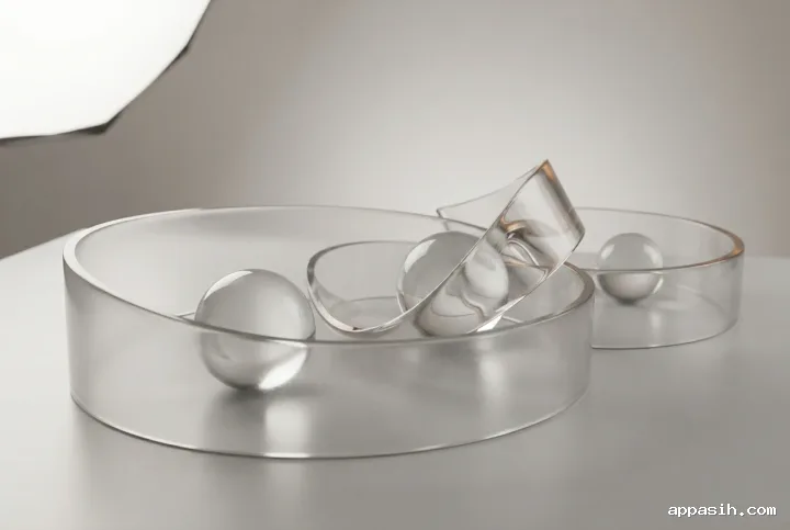 Closer three-quarter studio view of translucent resin ribbons surrounding three clear glass spheres with realistic refraction, reflective surfaces, and restrained amber highlights.