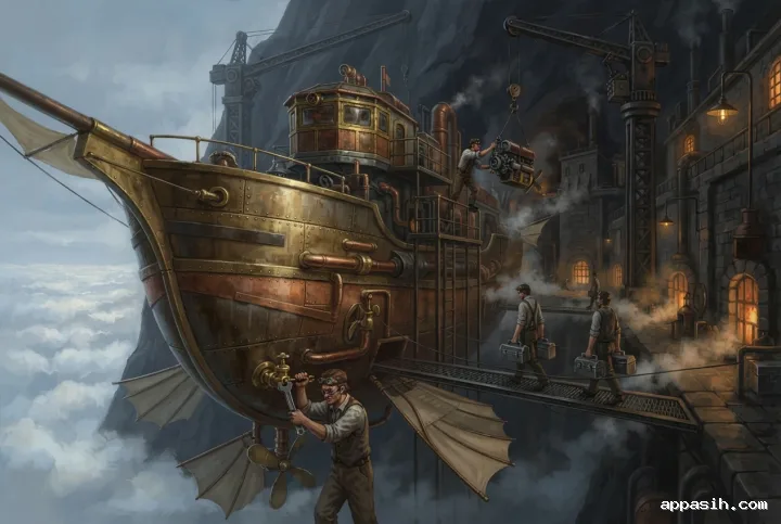 Detailed Steampunk concept art of mechanics servicing a huge brass skyship inside a cliffside repair dock above the cloud sea.