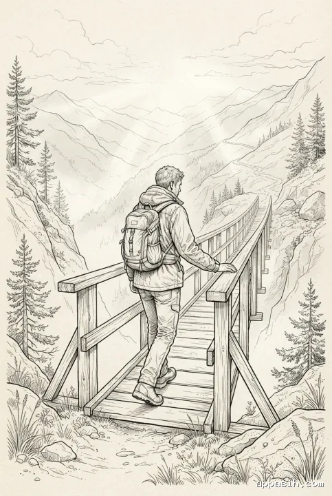 Detailed line art of a backpacking traveler touching the railing while crossing a wooden footbridge through a misty mountain valley with pine slopes and distant ridges.