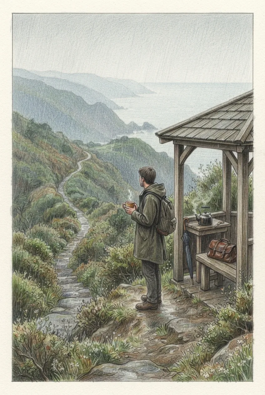Colored pencil drawing of a traveler drinking tea at a rainy cliffside shelter overlooking a misty coastal valley and winding stone path.