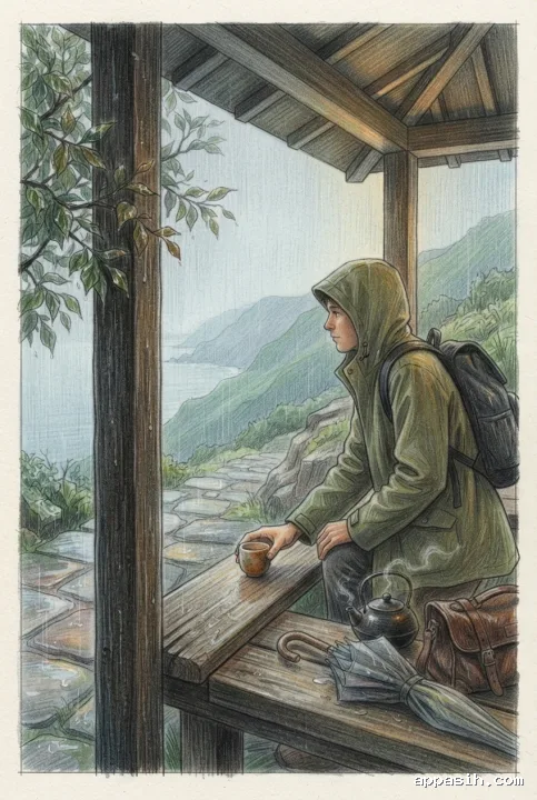 Close colored pencil travel drawing of a raincoat-clad traveler at the same cliffside tea shelter, with a steaming kettle, wet stone trail, misty hills, and distant coast.