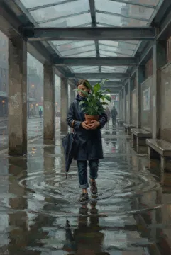 Oil painting of an office worker carrying a green houseplant through a flooded urban pedestrian passage during a rainy commute.