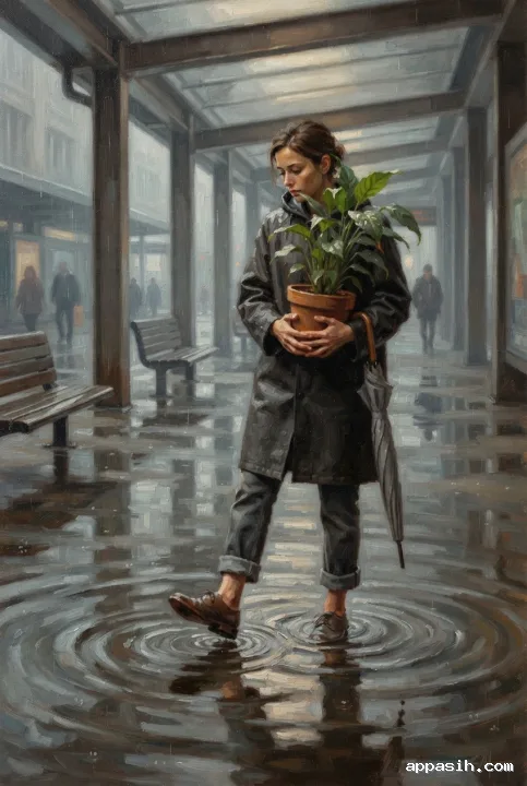 Detailed oil painting of an office worker protecting a green houseplant while stepping through floodwater in a rainy urban pedestrian passage.