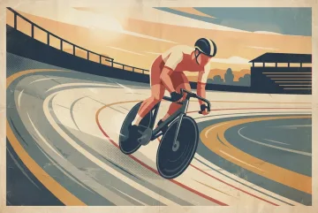 Track cyclist sprinting around a banked outdoor velodrome in a Retro Vintage Poster style with aged screen-print texture and bold geometric motion.