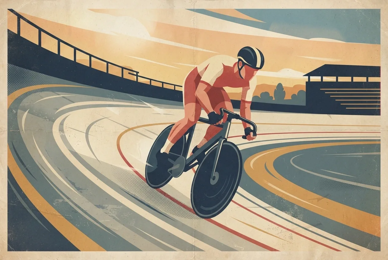Track cyclist sprinting around a banked outdoor velodrome in a Retro Vintage Poster style with aged screen-print texture and bold geometric motion.