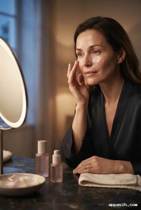 Close cinematic three-quarter portrait of a woman pressing rosewater facial serum into her cheek at the same elegant vanity with glass cosmetics and atmospheric evening light.