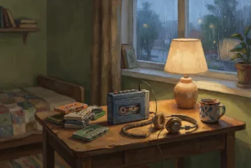 Digital painting of a portable cassette player with wired headphones and stacked cassette tapes on a wooden desk beside a rain-streaked window at evening.
