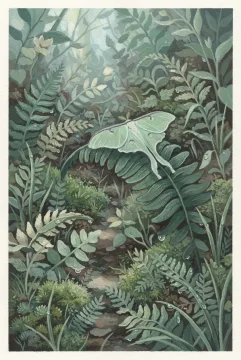 Gouache painting of a pale green moon moth resting on a dew-covered fern in a quiet forest at dawn.